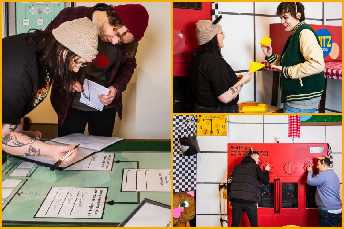 A collage of images of visitors solving puzzles and games at Escape Rooms Cheltenham.